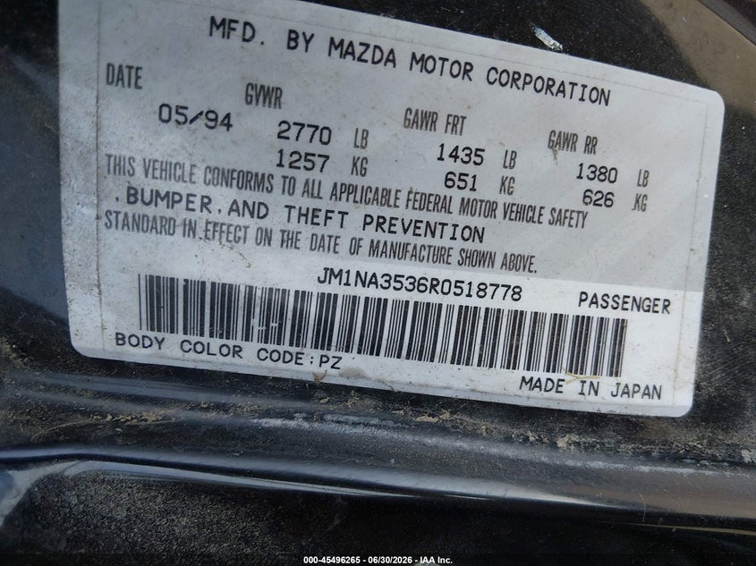 1994 Mazda Mx-5 miata VIN JM1NA3536R0518778 IAAI salvage auction — STRIPPED, Salvage (California), sold $25 on 2026-07-21 (photo 9)