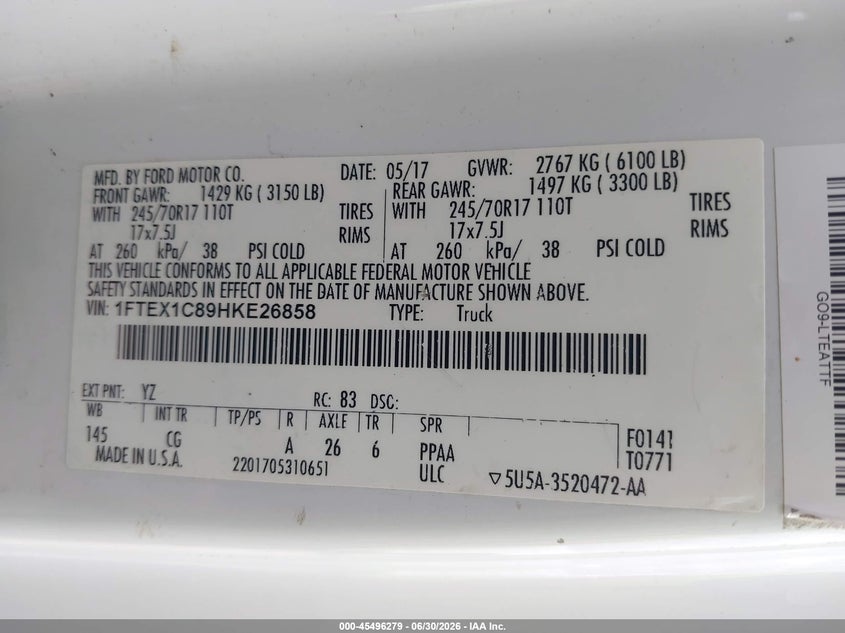 2017 Ford F-150 VIN 1FTEX1C89HKE26858 IAAI salvage auction — NORMAL WEAR, Sf97 (California), sold $13,100 on 2026-07-28 (photo 9)