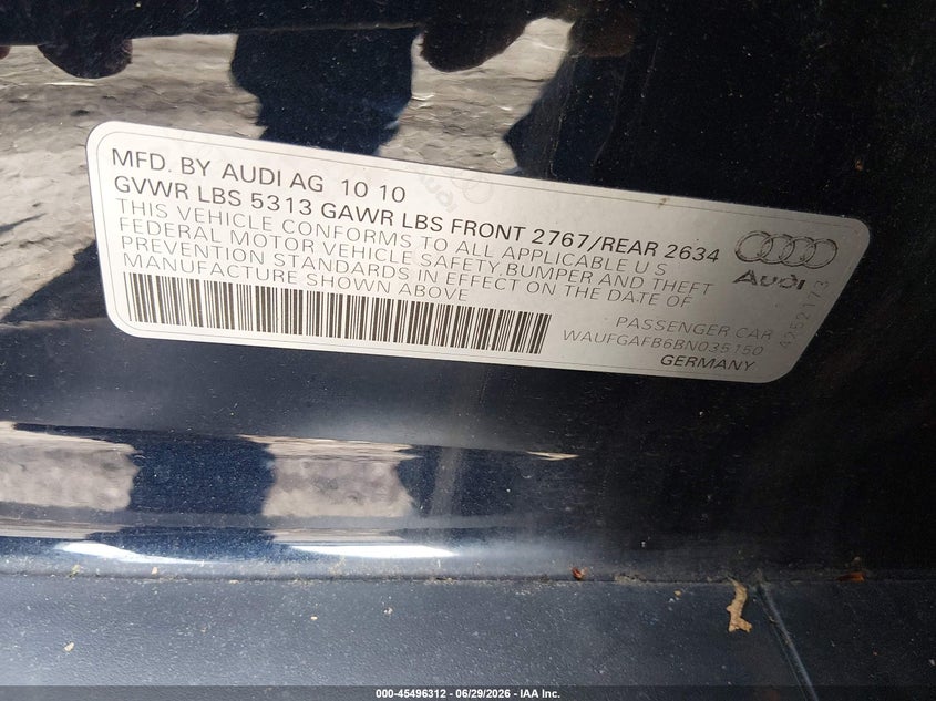 2011 Audi A6 VIN WAUFGAFB6BN035150 IAAI salvage auction — NORMAL WEAR, Clear (Pennsylvania), sold $675 on 2026-07-28 (photo 9)