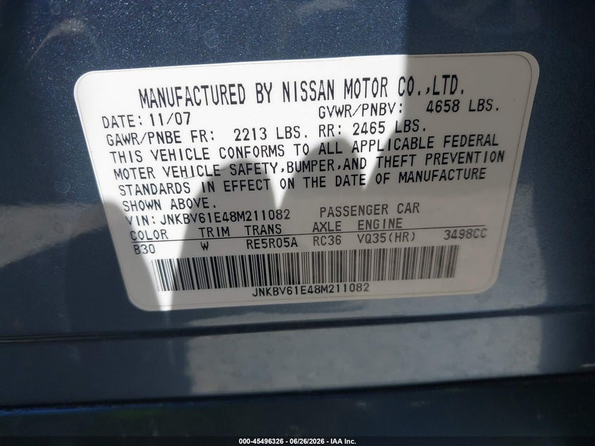2008 Infiniti G35 VIN JNKBV61E48M211082 IAAI salvage auction — FRONT END, Salvage (California), sold $1,000 on 2026-07-16 (photo 9)