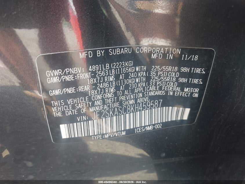 2019 Subaru Forester VIN JF2SKASC8KH459587 IAAI salvage auction — LEFT SIDE, Mv-907A (New York), sold $3,275 on 2026-07-28 (photo 9)