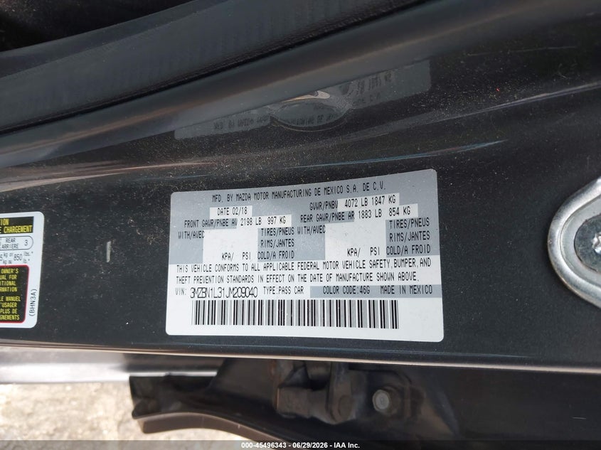 2018 Mazda 3 VIN 3MZBN1L31JM209040 IAAI salvage auction — FRONT END, Clear (Michigan), sold $1,600 on 2026-07-23 (photo 9)