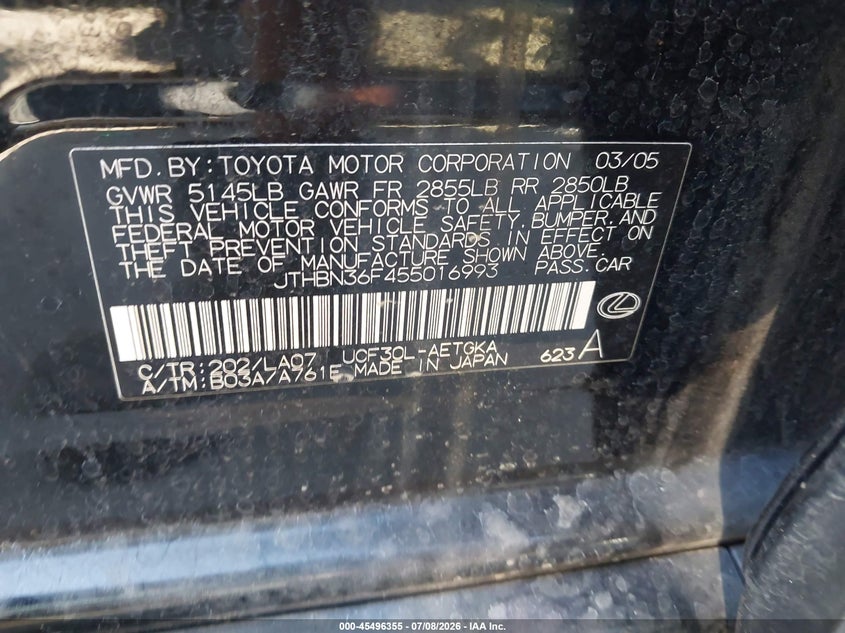 2005 Lexus Ls 430 VIN JTHBN36F455016993 IAAI salvage auction — LEFT REAR, Salvage (North Carolina), sold $1,050 on 2026-07-29 (photo 9)