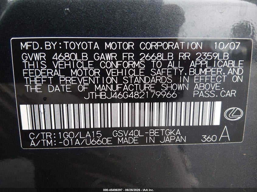 2008 Lexus ES VIN JTHBJ46G482179966 IAAI salvage auction — NORMAL WEAR, Clear-Dealer Only (North Carolina), sold $525 on 2026-07-13 (photo 9)
