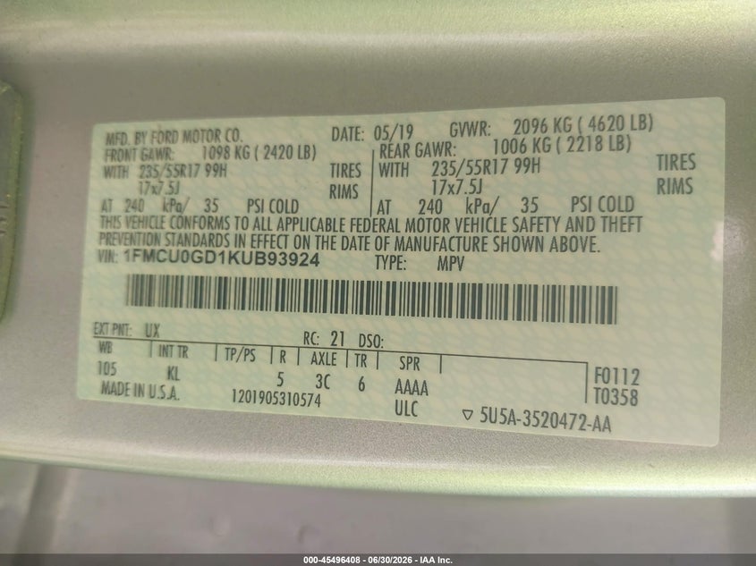 2019 Ford Escape VIN 1FMCU0GD1KUB93924 IAAI salvage auction — FRONT END, Salvage (Idaho), sold $500 on 2026-08-01 (photo 9)
