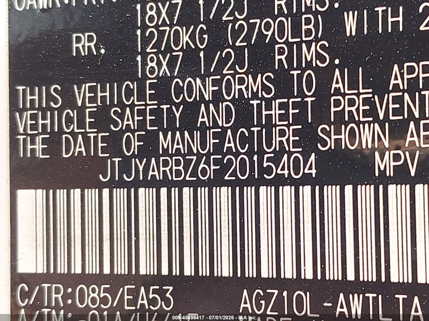 2015 Lexus Nx VIN JTJYARBZ6F2015404 IAAI salvage auction — FRONT END, Salvage (Tennessee), sold $5,300 on 2026-07-26 (photo 9)