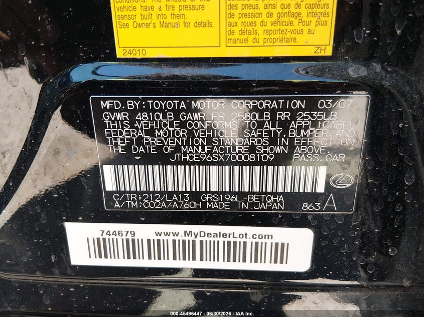 2007 Lexus Gs 350 VIN JTHCE96SX70008109 IAAI salvage auction — RIGHT FRONT, Salvage (Arizona), sold $450 on 2026-07-30 (photo 9)