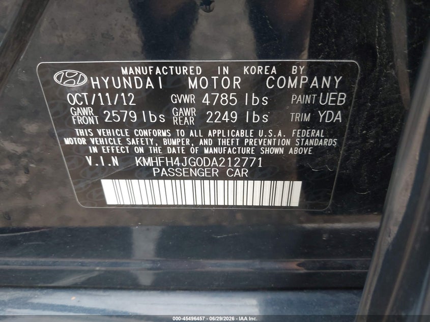 2013 Hyundai Azera VIN KMHFH4JG0DA212771 IAAI salvage auction — FRONT END, Salvage (Ohio), sold $375 on 2026-07-11 (photo 9)