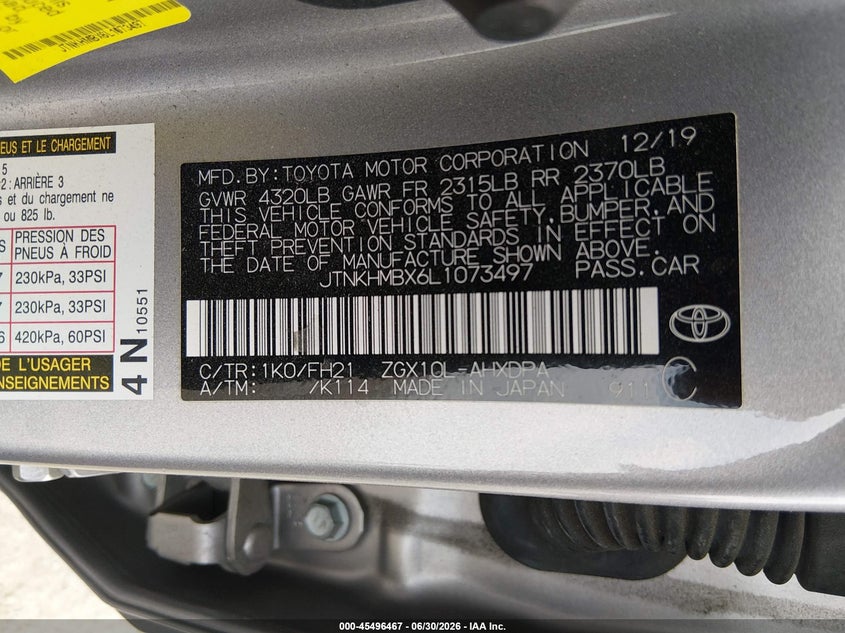 2020 Toyota C-hr VIN JTNKHMBX6L1073497 IAAI salvage auction — LEFT SIDE, Salvage (California), sold $3,650 on 2026-07-29 (photo 9)