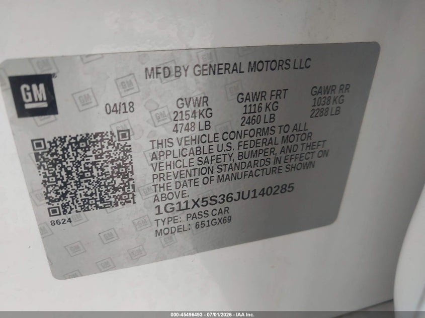 2018 Chevrolet Impala VIN 1G11X5S36JU140285 IAAI salvage auction — REPOSSESSION, Clear (Georgia), sold $7,800 on 2026-07-08 (photo 9)