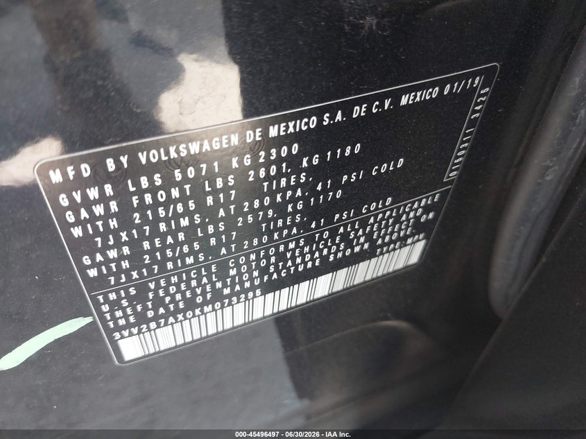 2019 Volkswagen Tiguan VIN 3VV2B7AX0KM073295 IAAI salvage auction — FRONT END, Salvage (Indiana), sold $5,950 on 2026-09-16 (photo 9)