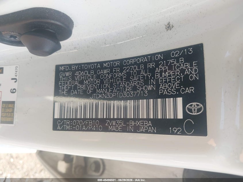 2013 Toyota Prius VIN JTDKN3DP1D3037713 IAAI salvage auction — NORMAL WEAR, Clear (New York), sold $4,050 on 2026-07-07 (photo 9)