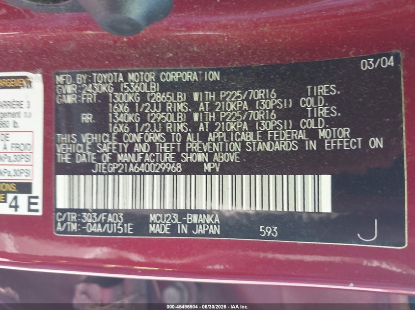 2004 Toyota Highlander VIN JTEGP21A640029968 IAAI salvage auction — NORMAL WEAR, Clear (Alabama), sold $700 on 2026-07-15 (photo 9)