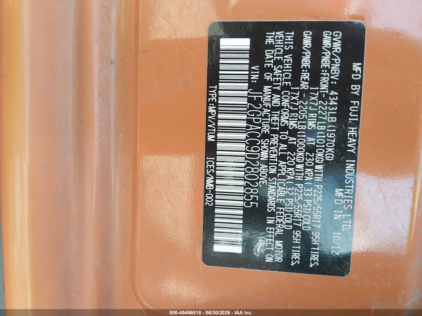 2013 Subaru Xv crosstrek VIN JF2GPACC9D2802855 IAAI salvage auction — NORMAL WEAR, Clear (Tennessee), sold $450 on 2026-07-30 (photo 9)