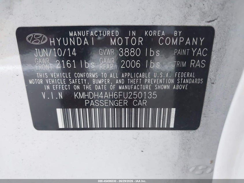 2015 Hyundai Elantra VIN KMHDH4AH6FU250135 IAAI salvage auction — FRONT END, Salvage (California), sold $2,200 on 2026-07-14 (photo 9)