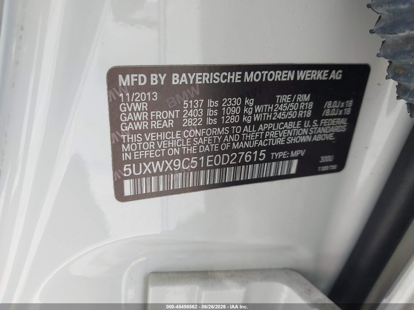 2014 BMW X3 VIN 5UXWX9C51E0D27615 IAAI salvage auction — RIGHT FRONT, Salvage (California), sold $1,450 on 2026-07-19 (photo 9)