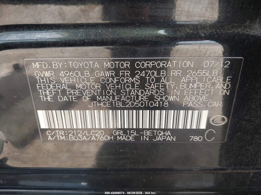 2013 Lexus Gs VIN JTHCE1BL2D5010418 IAAI salvage auction — REAR END, Salvage (Texas), sold $2,850 on 2026-07-16 (photo 9)