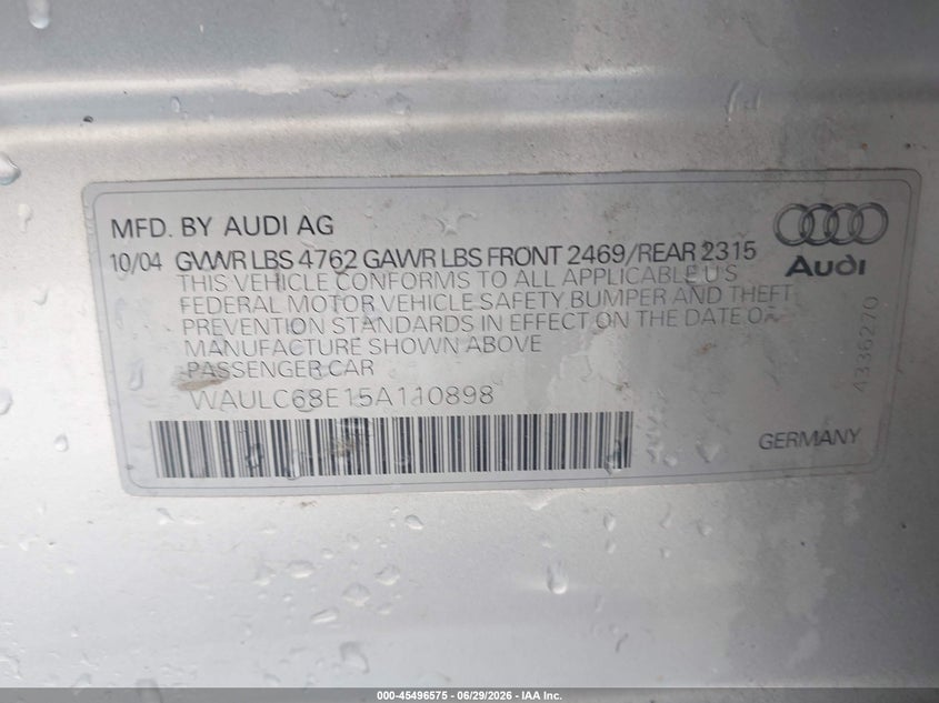 2005 Audi A4 VIN WAULC68E15A110898 IAAI salvage auction — NORMAL WEAR, Clear (Utah), sold $275 on 2026-07-23 (photo 9)