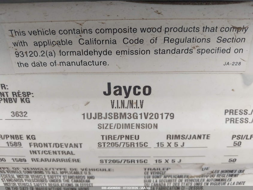 2016 Jayco Other VIN 1UJBJSBM3G1V20179 IAAI salvage auction — SIDE, Regular (South Dakota), sold $100 on 2026-09-16 (photo 9)