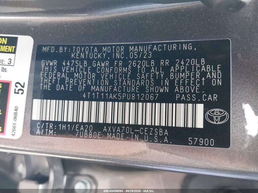 2023 Toyota Camry VIN 4T1T11AK5PU812067 IAAI salvage auction — RIGHT FRONT, Salvage (California), sold $7,100 on 2026-07-31 (photo 9)