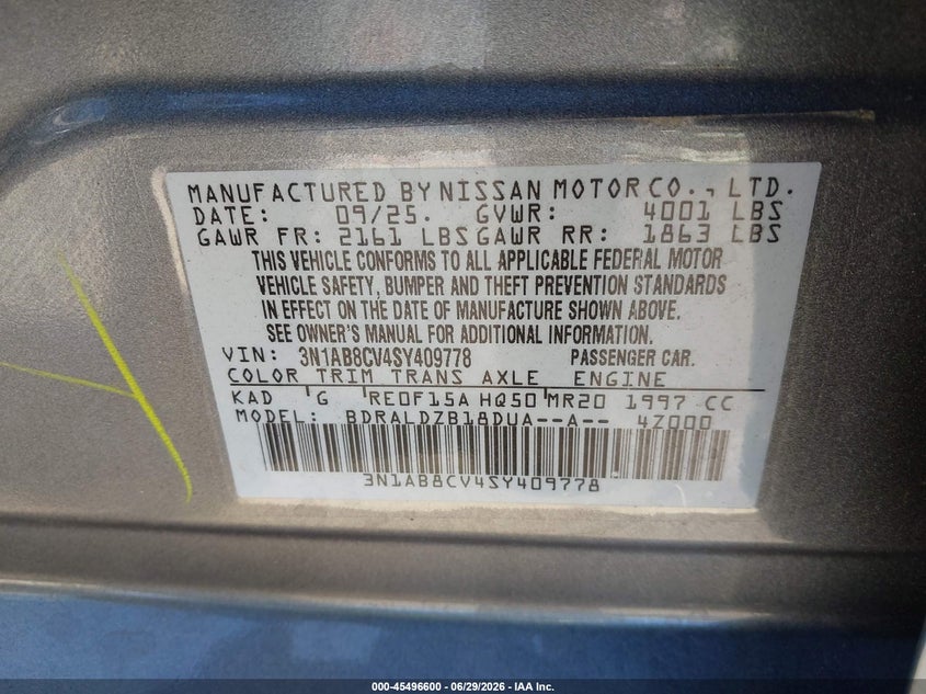 2025 Nissan Sentra VIN 3N1AB8CV4SY409778 IAAI salvage auction — REAR END, Salvage Title, sold $5,100 on 2026-07-18 (photo 9)