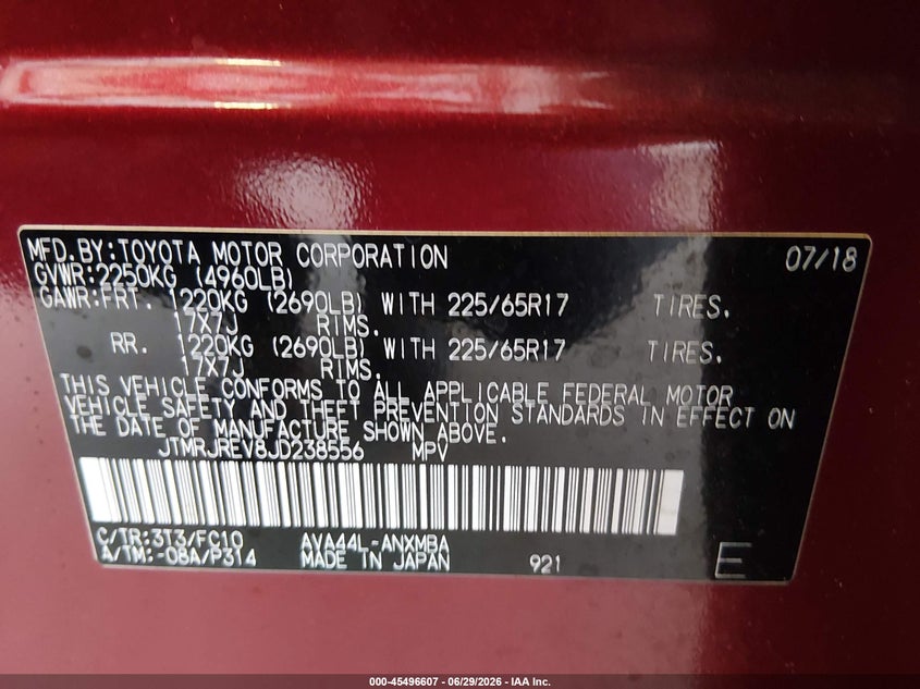 2018 Toyota Rav 4 VIN JTMRJREV8JD238556 IAAI salvage auction — REAR END, Bill Of Sale (Washington), sold $6,075 on 2026-07-29 (photo 9)