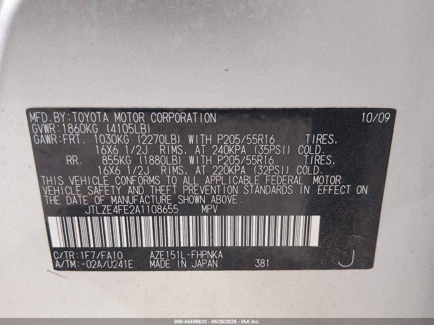 2010 Scion Xb VIN JTLZE4FE2A1108655 IAAI salvage auction — LEFT FRONT, Salvage (Texas), sold $325 on 2026-07-24 (photo 9)