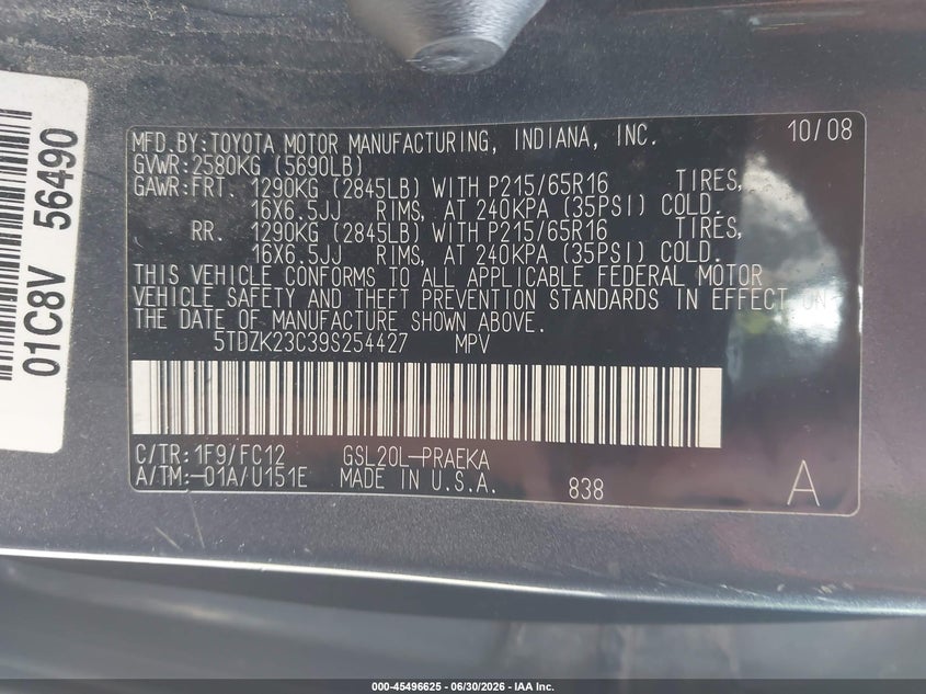 2009 Toyota Sienna VIN 5TDZK23C39S254427 IAAI salvage auction — NORMAL WEAR, Clear (Pennsylvania), sold $25 on 2026-07-07 (photo 9)