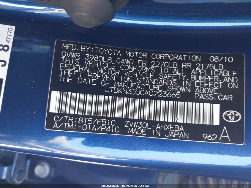 2010 Toyota Prius VIN JTDKN3DU0A0223665 IAAI salvage auction — NORMAL WEAR, Salvage (California), sold $650 on 2026-07-29 (photo 9)