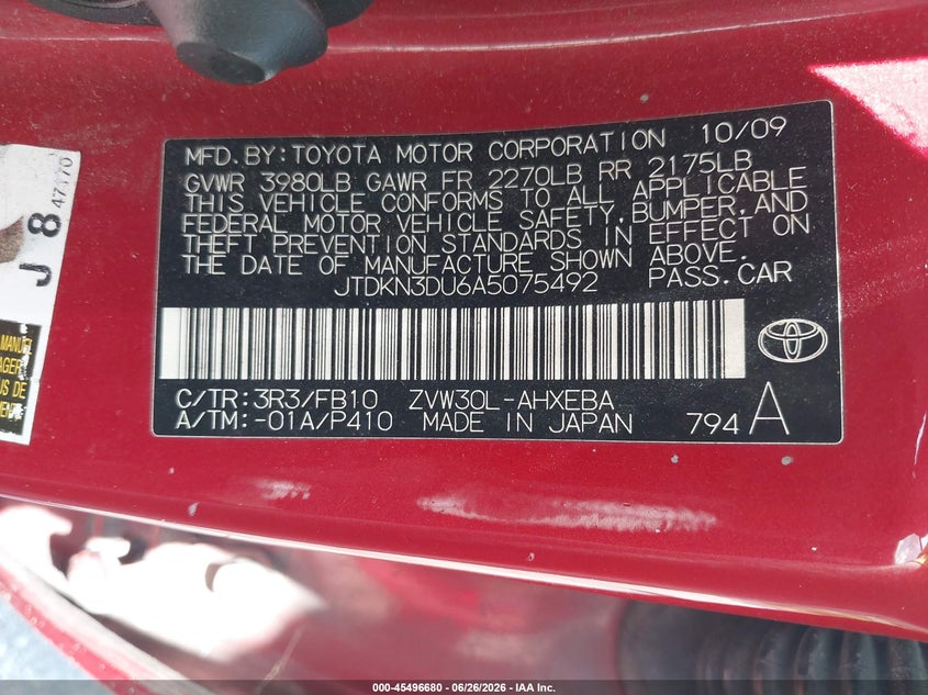 2010 Toyota Prius VIN JTDKN3DU6A5075492 IAAI salvage auction — REAR END, Clear (Florida), sold $600 on 2026-07-30 (photo 9)