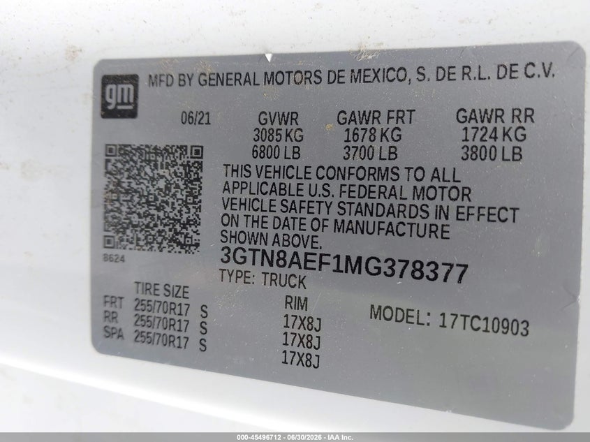 2021 Gmc SIERRA VIN 3GTN8AEF1MG378377 IAAI salvage auction — FRONT & REAR, Wait Title, sold $4,150 on 2026-09-11 (photo 9)