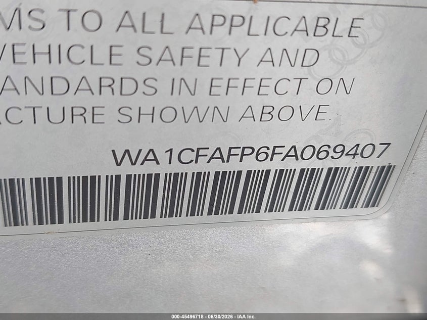 2015 Audi Q5 VIN WA1CFAFP6FA069407 IAAI salvage auction — FRONT END, Clear (Virginia), sold $1,850 on 2026-07-19 (photo 9)