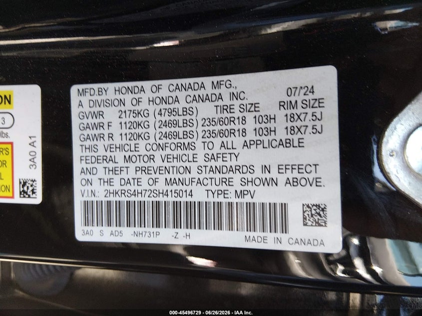 2025 Honda Cr-v VIN 2HKRS4H72SH415014 IAAI salvage auction — FRONT & REAR, Salvage Title, sold $8,300 on 2026-08-01 (photo 9)