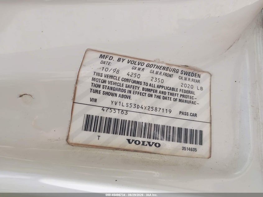 1999 Volvo S70 VIN YV1LS53D4X2587119 IAAI salvage auction — FRONT END, Salvage (Texas), sold $25 on 2026-07-16 (photo 9)