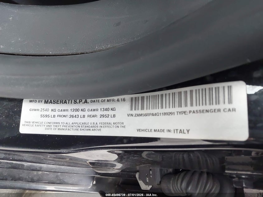 2016 Maserati Quattroporte VIN ZAM56RPA4G1189291 IAAI salvage auction — REAR END, Salvage Title, sold $2,800 on 2026-07-29 (photo 9)