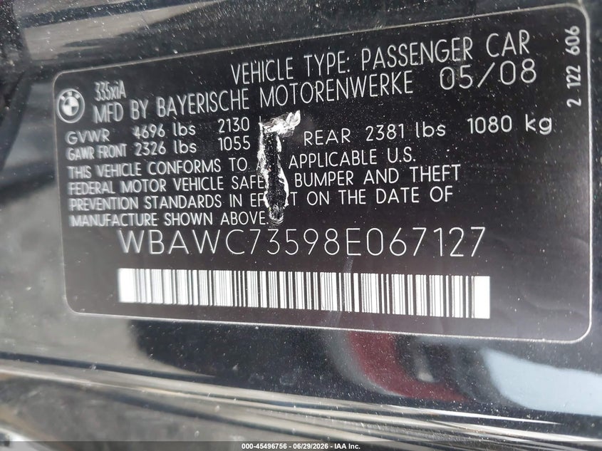 2008 BMW 3 series VIN WBAWC73598E067127 IAAI salvage auction — SIDE, Clear (Virginia), sold $1,150 on 2026-07-22 (photo 9)