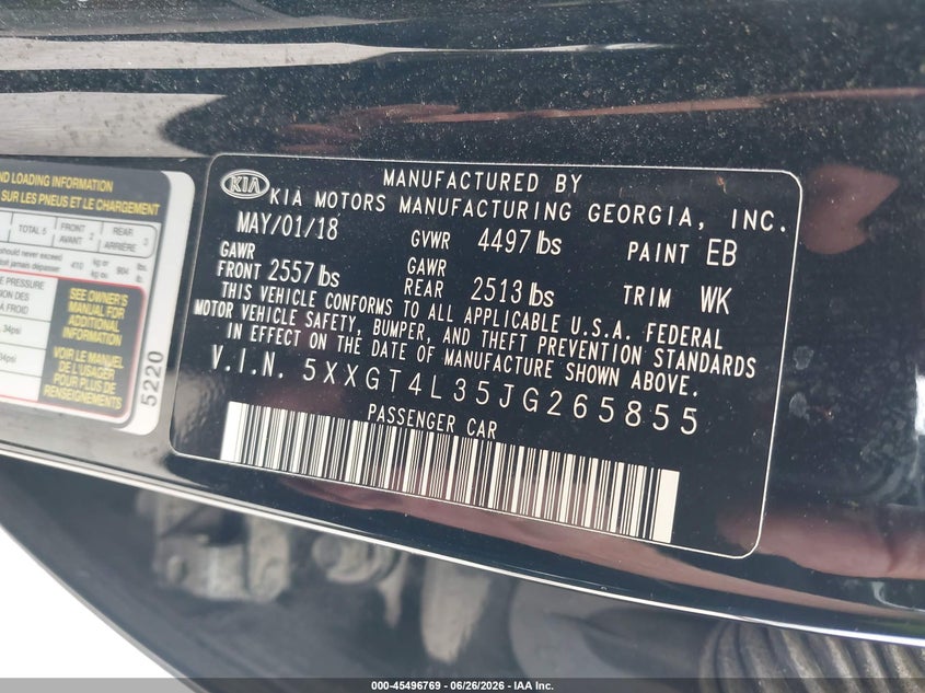 2018 Kia Optima VIN 5XXGT4L35JG265855 IAAI salvage auction — NORMAL WEAR, Clear (Illinois), sold $1,900 on 2026-07-13 (photo 9)