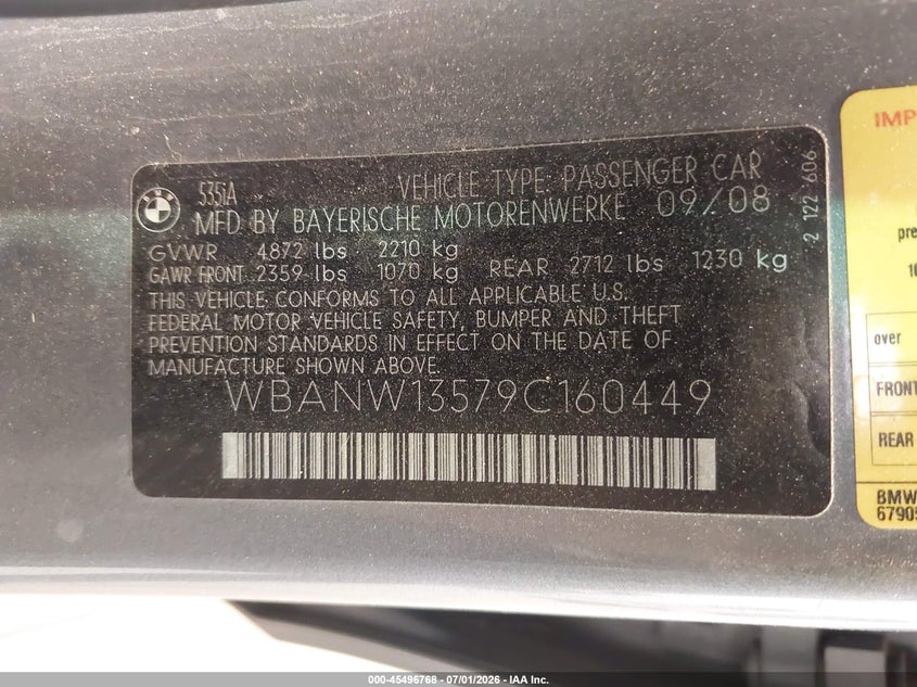 2009 BMW 5 series VIN WBANW13579C160449 IAAI salvage auction — NORMAL WEAR, Rebuilt/Restored (Utah), sold $100 on 2026-07-29 (photo 9)