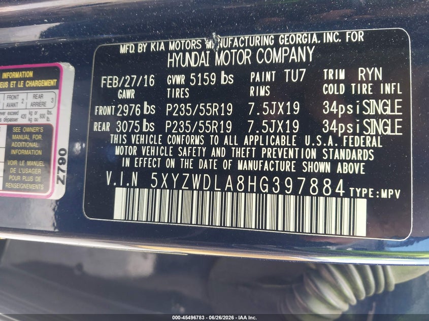 2017 Hyundai Santa fe VIN 5XYZWDLA8HG397884 IAAI salvage auction — NORMAL WEAR, Clear - Dealer Only (California), sold $3,950 on 2026-07-09 (photo 9)