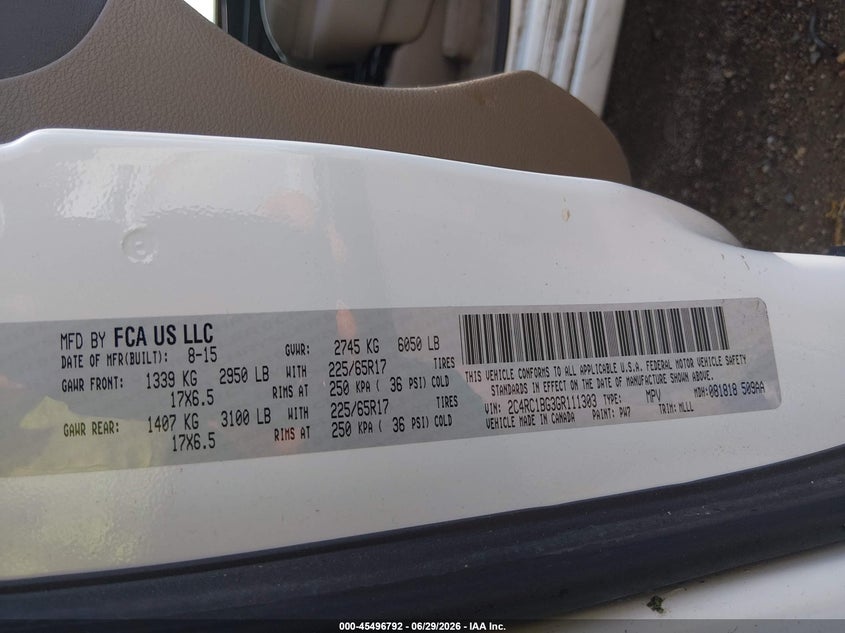 2016 Chrysler Town & country VIN 2C4RC1BG3GR111303 IAAI salvage auction — WATER/FLOOD, Salvage Title, sold $4,150 on 2026-07-31 (photo 9)