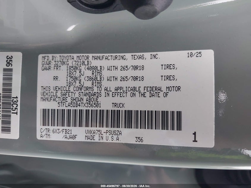 2026 Toyota Tundra VIN 5TFLA5DB4TX356501 IAAI salvage auction — FRONT END, Salvage Title, sold $28,050 on 2026-07-31 (photo 9)