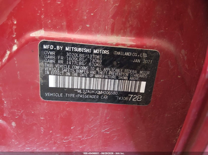 2021 Mitsubishi Mirage VIN ML32AUHJ0MH006580 IAAI salvage auction — FRONT & REAR, Salvage (Arizona), sold $675 on 2026-07-29 (photo 9)