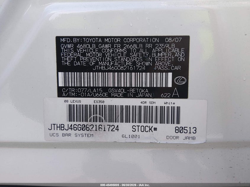 2008 Lexus Es 350 VIN JTHBJ46G082161724 IAAI salvage auction — NORMAL WEAR, Clear - Dealer Only (California), sold $1,325 on 2026-07-13 (photo 9)