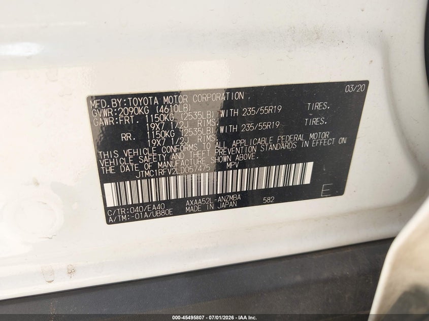 2020 Toyota Rav 4 VIN JTMC1RFV2LD057475 IAAI salvage auction — RIGHT FRONT, Original (Texas), sold $10,500 on 2026-08-02 (photo 9)