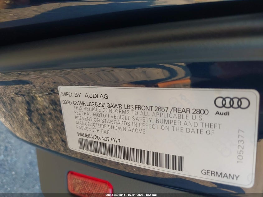 2020 Audi A6 VIN WAUE8AF20LN077677 IAAI salvage auction — FRONT END, Wait Title, sold $11,200 on 2026-08-06 (photo 9)