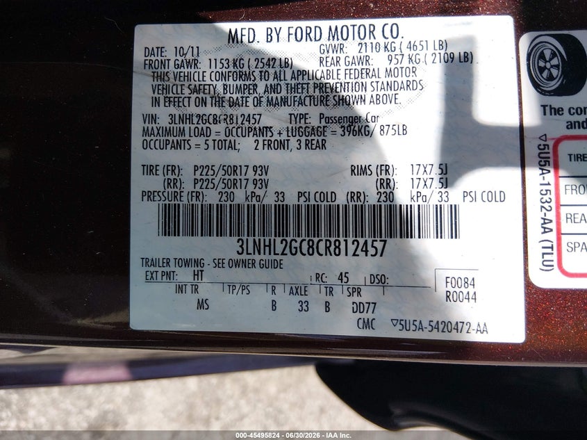 2012 Lincoln Mkz VIN 3LNHL2GC8CR812457 IAAI salvage auction — FRONT END, Salvage (South Carolina), sold $700 on 2026-07-19 (photo 9)