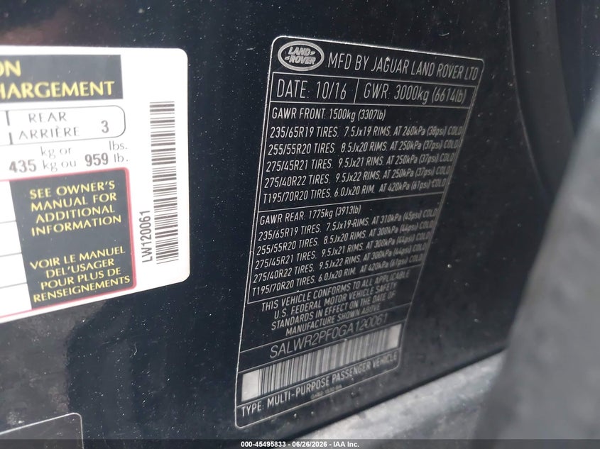 2016 Land rover Range rover sport VIN SALWR2PF0GA120061 IAAI salvage auction — NORMAL WEAR, Clear (Maryland), sold $3,275 on 2026-07-28 (photo 9)