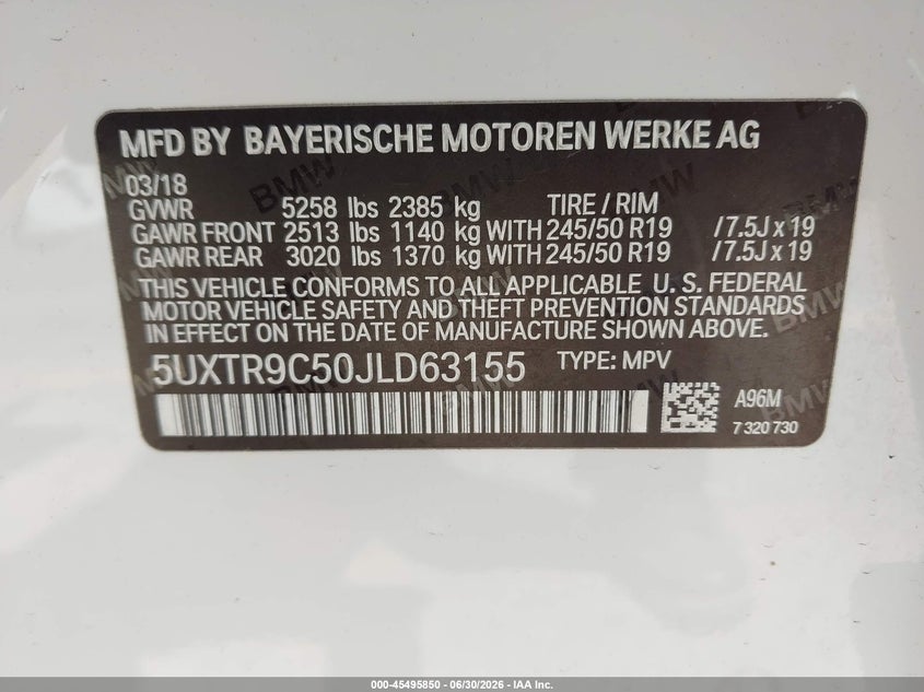 2018 BMW X3 VIN 5UXTR9C50JLD63155 IAAI salvage auction — FRONT END, Salvage (California), sold $10,100 on 2026-07-10 (photo 9)