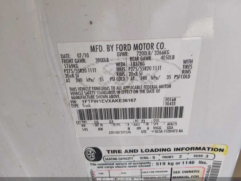 2010 Ford F-150 VIN 1FTFW1EVXAKE36167 IAAI salvage auction — UNDERCARRIAGE, Salvage (Arkansas), sold $2,500 on 2026-08-02 (photo 9)