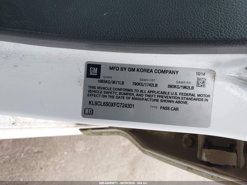 2015 Chevrolet VIN KL8CL6S0XFC724301 IAAI salvage auction — NORMAL WEAR, Peddle Clear Public-Restricted (Oregon), sold $250 on 2026-07-28 (photo 9)